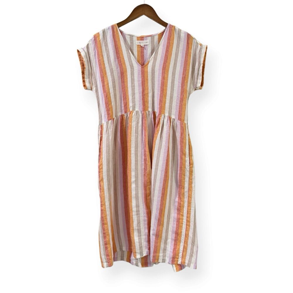 Lou & Grey LOFT Linen Midi Dress XS Stripe V-Neck Lagenlook Drop Waist Pockets